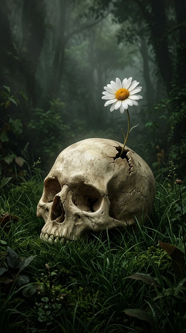 Minimalist Illustration of a White Daisy Growing out of a Human Skull - Free 8K and 4K mobile Wallpaper Background