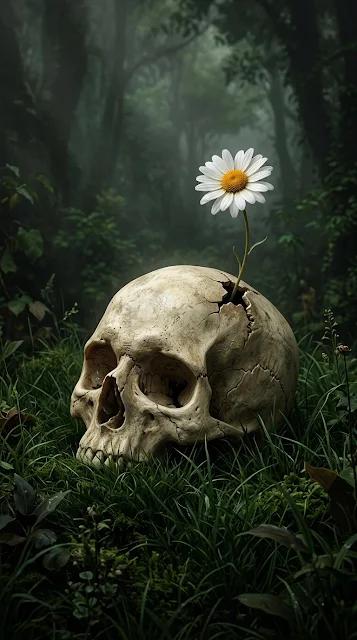 Minimalist Illustration of a White Daisy Growing out of a Human Skull - Free 4K & 8K mobile Wallpaper