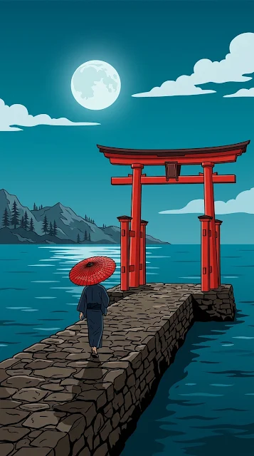 Minimalist Japanese Torii Gate at Ocean Sunset Illustration - Free 4K & 8K mobile Wallpaper