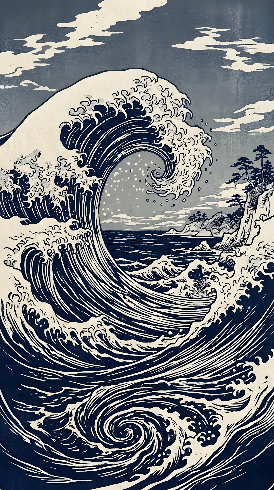 Minimalist Japanese Woodblock Indigo Ocean Wave Background - Free 4K mobile Wallpaper