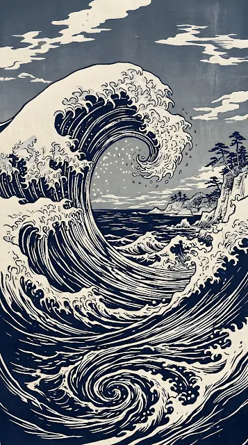 Minimalist Japanese Woodblock Indigo Ocean Wave Background - Free mobile Wallpaper
