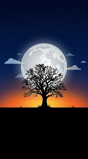 Minimalist Landscape with Lone Tree Silhouette and Rising Full Moon - Free 4K & 8K mobile Wallpaper