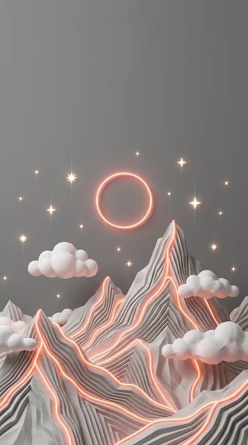 Minimalist Layered papercraft Mountains with Glowing Neon Paths - Free 4K & 8K mobile Wallpaper