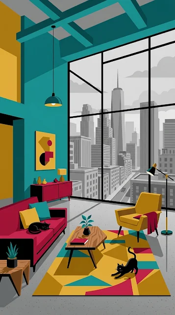 Minimalist Loft Interior with City View and Black Cats - Free 4K & 8K mobile Wallpaper