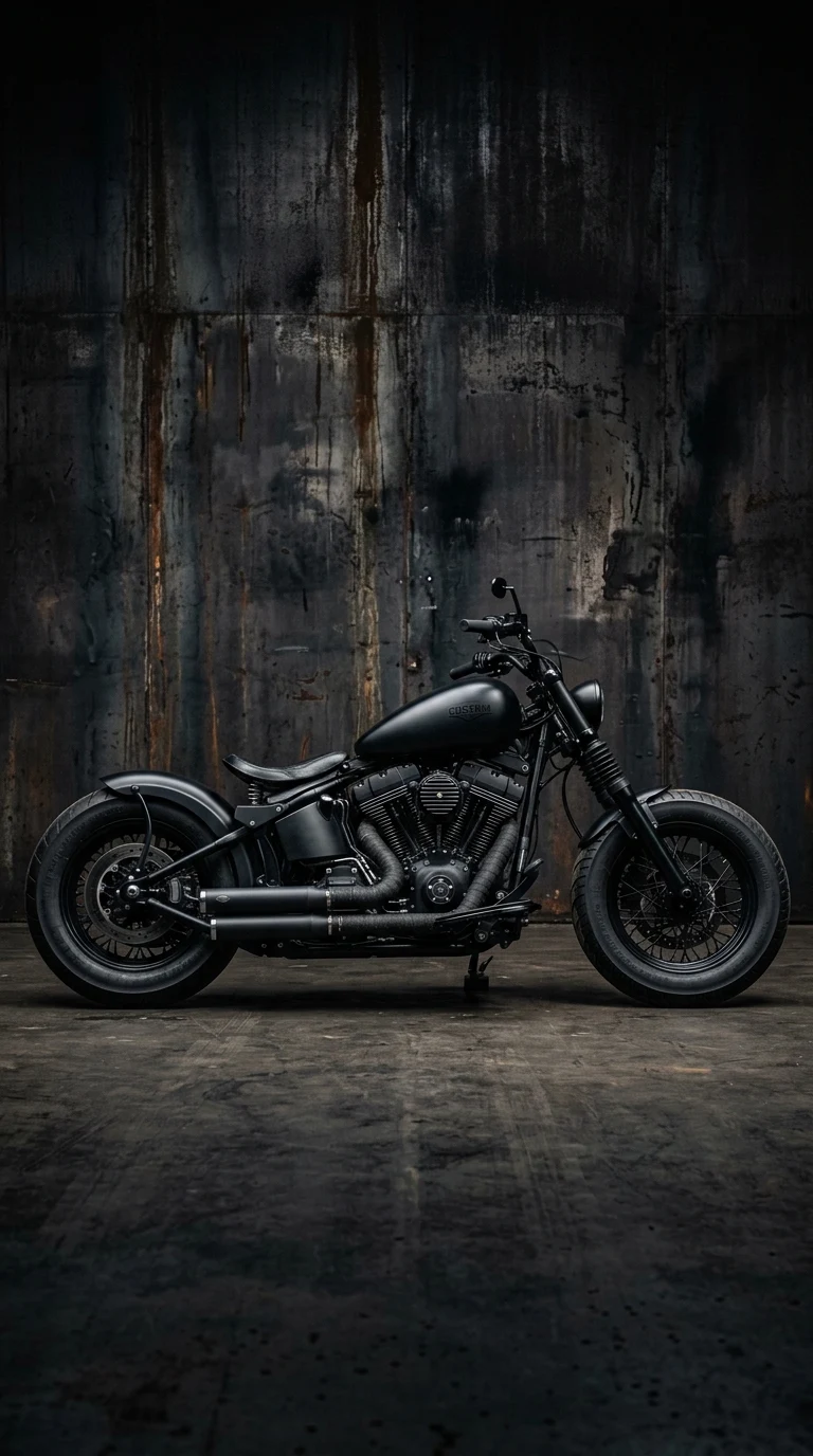 Minimalist Matte Black Custom Cruiser Motorcycle - Free 8K and 4K mobile Wallpaper Background