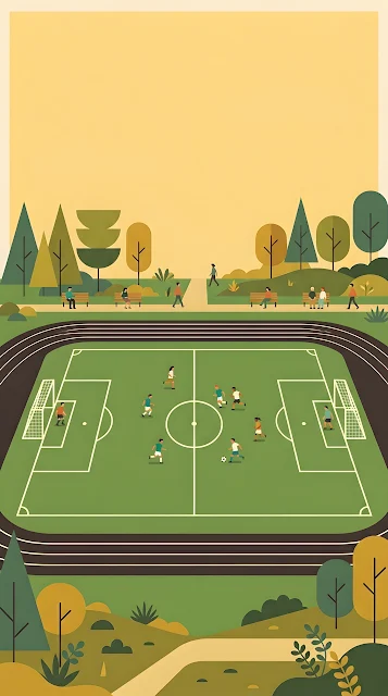 Minimalist Mid-Century Park Soccer Field Illustration - Free mobile Wallpaper