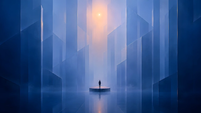 Silhouette of a person standing on a round pedestal in a vast misty hall filled with blue geometric monoliths.