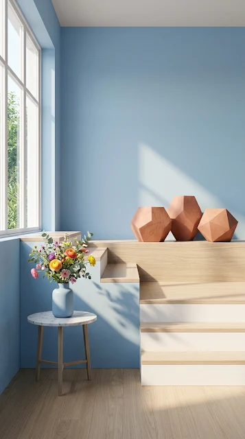 Minimalist Powder Blue Room with Terracotta Geometric Sculptures - Free 4K & 8K mobile Wallpaper