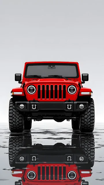 Symmetrical flat vector illustration of a bright red off-road 4x4 vehicle centered over a dark reflective puddle against a neutral grey backdrop.