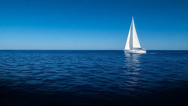 A solitary white sailboat navigates an expansive, textured deep blue ocean under clean lighting.
