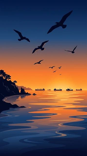 Minimalist Seascape at Dusk with Seagull Silhouettes and Ships - Free 4K & 8K mobile Wallpaper