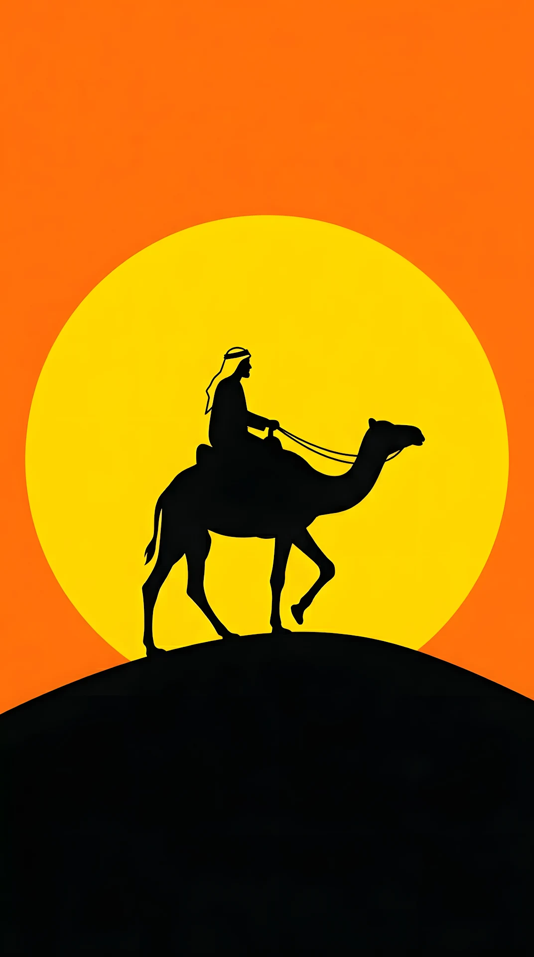 Minimalist Silhouette Illustration of a Camel Rider Against a Giant Sun - Free 4K mobile Wallpaper