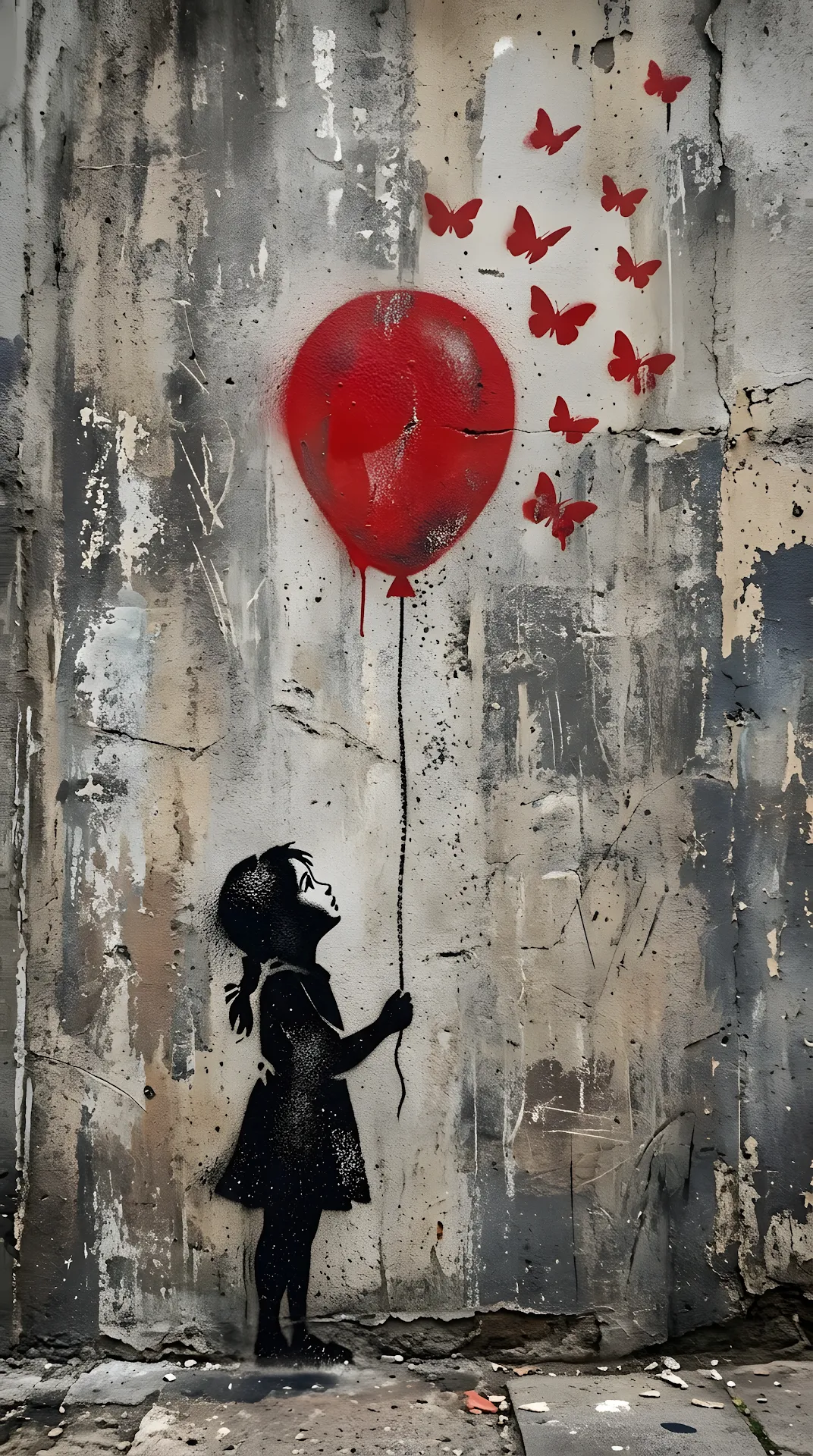 Minimalist Stencil Art of a Child Silhouetted with a Red Balloon - Free 4K mobile Wallpaper