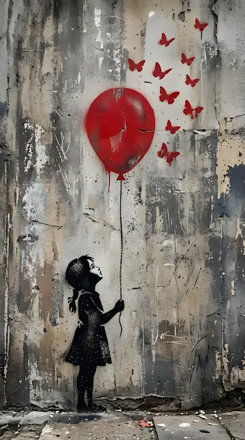 Minimalist Stencil Art of a Child Silhouetted with a Red Balloon - Free mobile Wallpaper