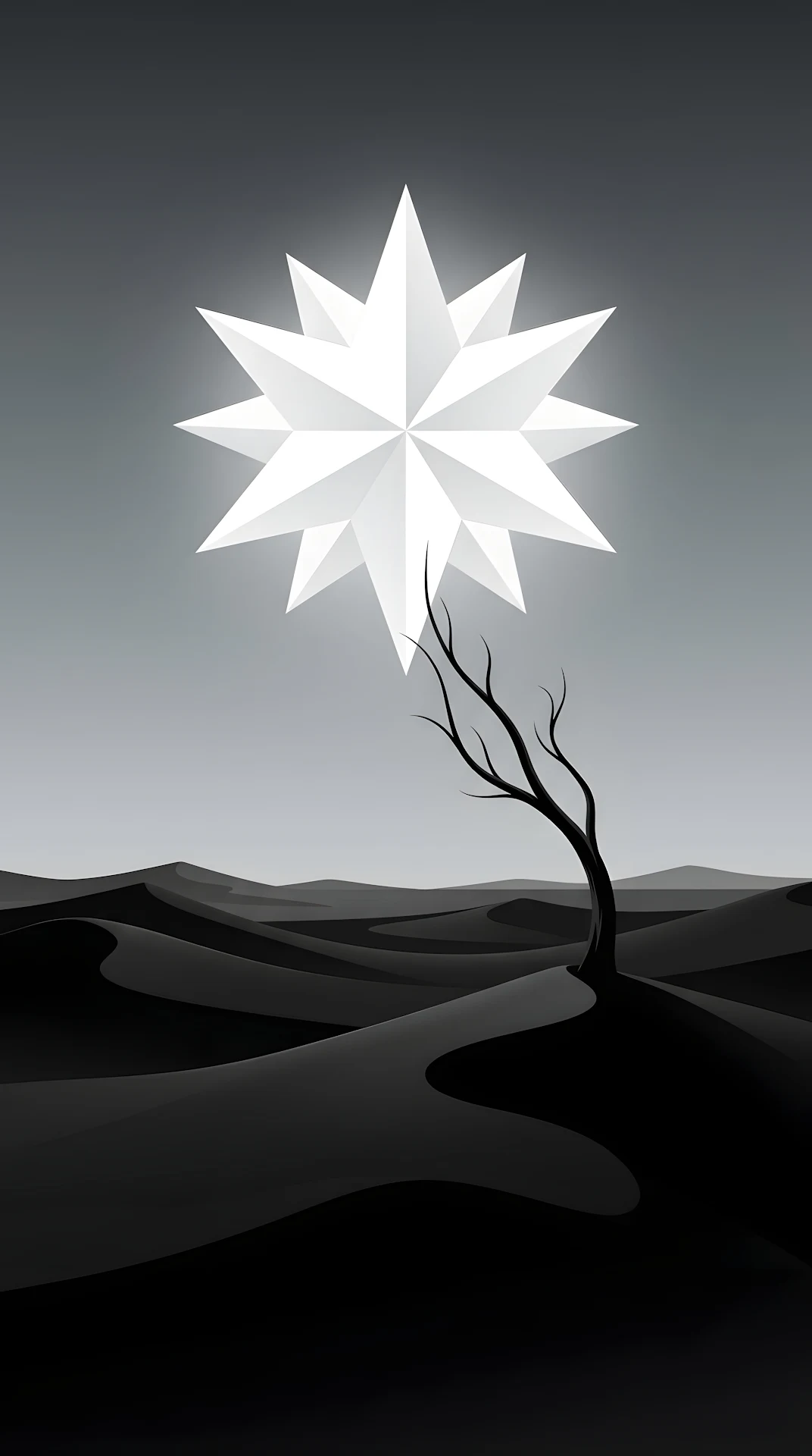 Minimalist Surreal Black Sand Desert with Giant Star - Free 4K mobile Wallpaper