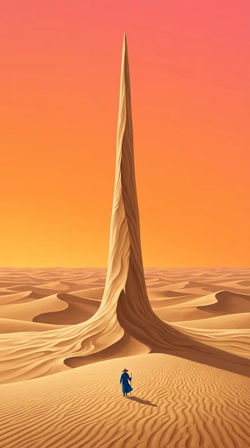 Minimalist Surreal Desert with Colossal Needle-Like Dune and Traveler - Free 4K & 8K mobile Wallpaper