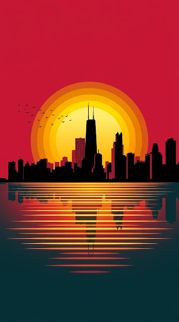 Minimalist Vector Illustration of Chicago Skyline at Giant Orange Sunset - Free 4K & 8K mobile Wallpaper