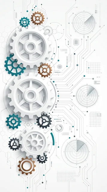 Minimalist White and Blue Technical Gears Vector Art - Free 4K & 8K mobile Wallpaper