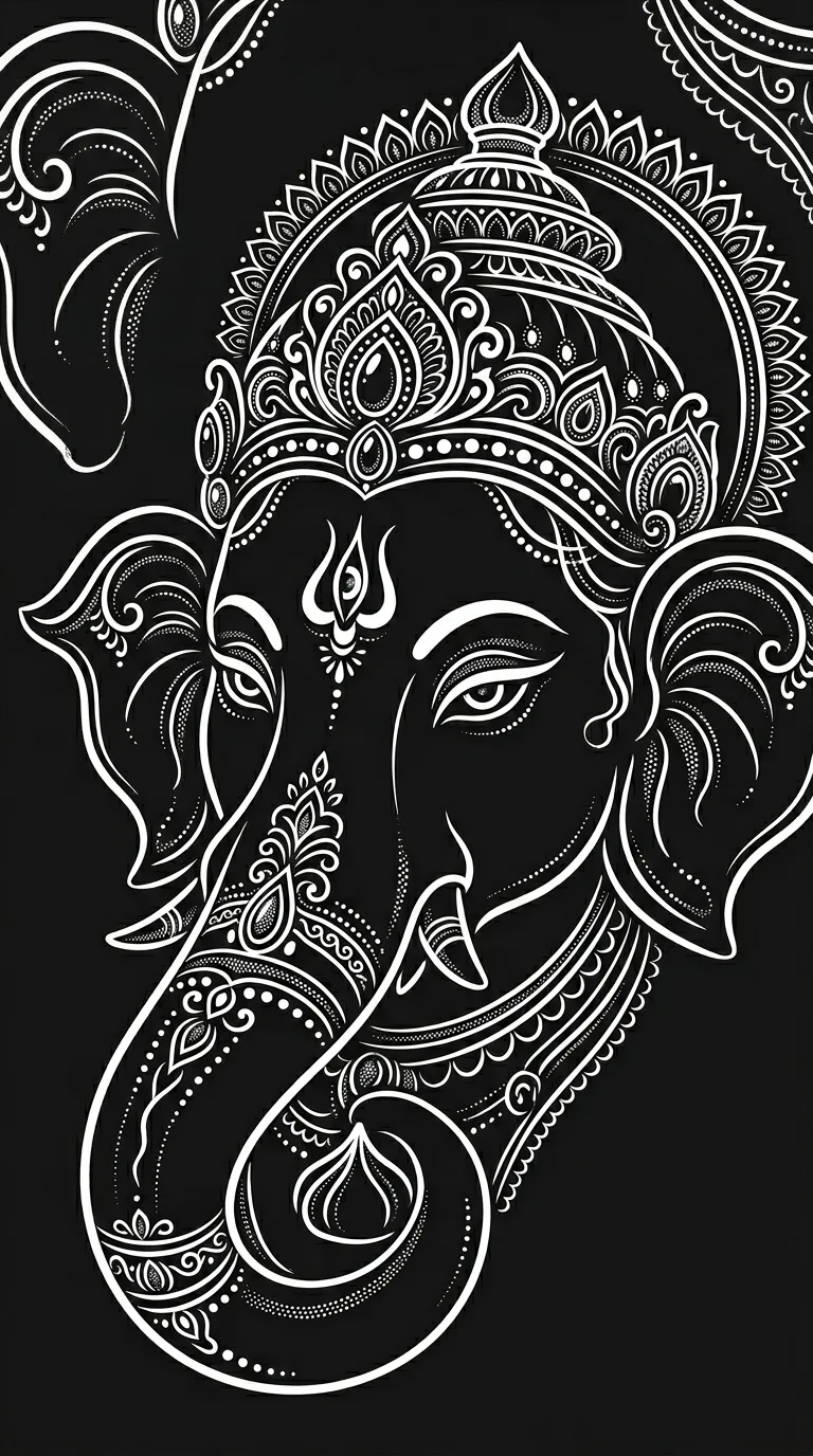 Download Minimalist White Line Art of Lord Ganesha Head on Black Background Wallpaper in 4K UHD Minimalist White Line Art of Lord Ganesha Head on Black Background - Free 8K and 4K mobile Wallpaper Background