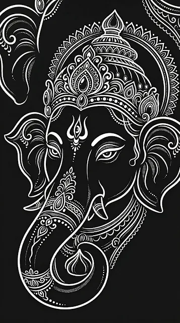 Minimalist White Line Art of Lord Ganesha Head on Black Background - Free 4K & 8K mobile Wallpaper