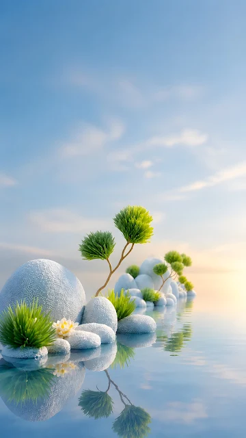 White textured stones and small green bonsai plants sitting in calm reflecting water under a light blue sky.