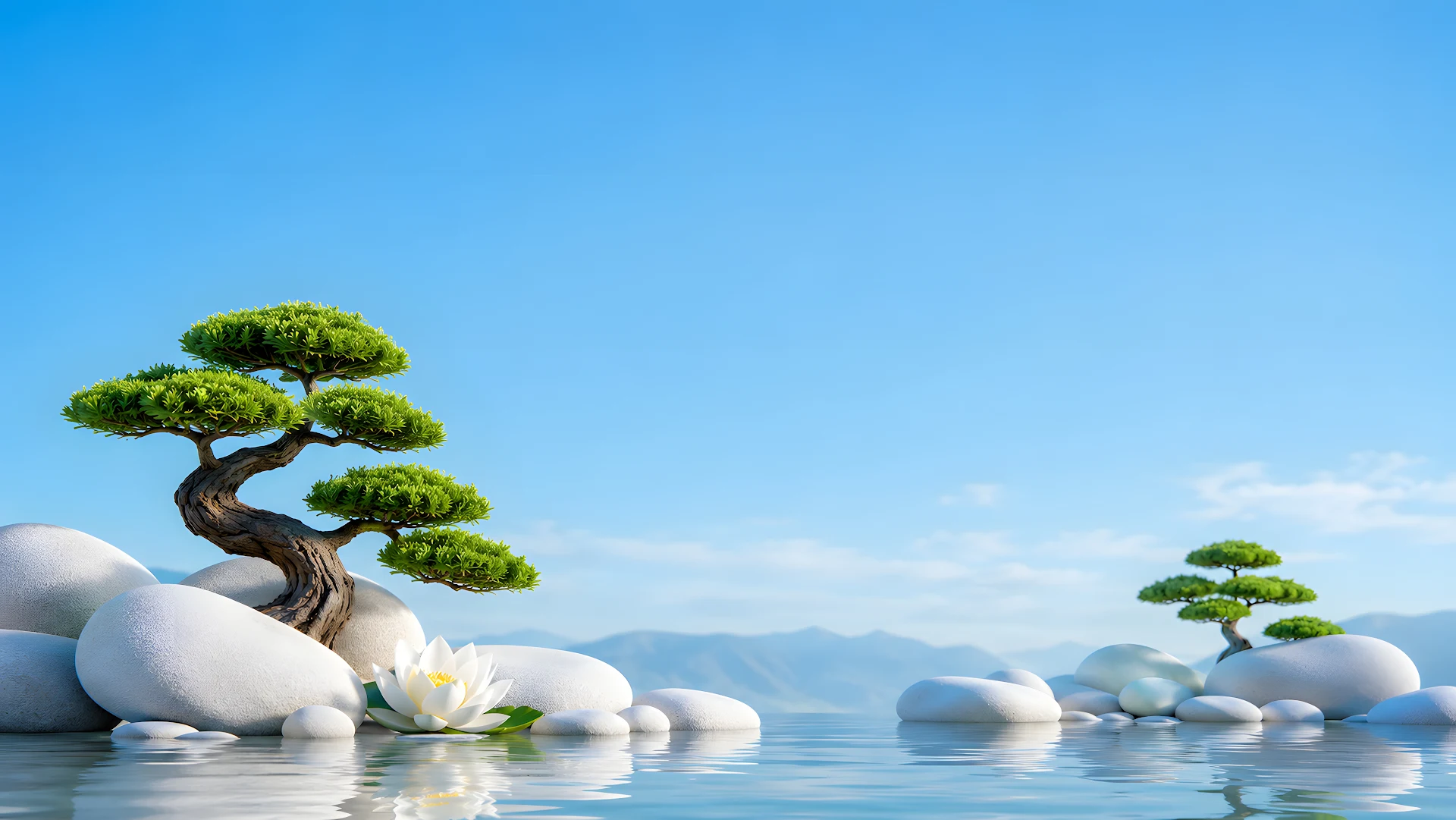 Minimalist Zen garden stones and bonsai trees reflecting on tranquil water - Free 4K desktop Wallpaper