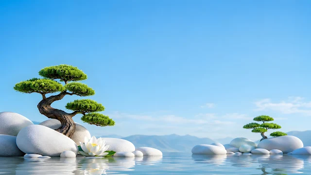 White textured stones and small green bonsai plants sitting in calm reflecting water under a light blue sky.