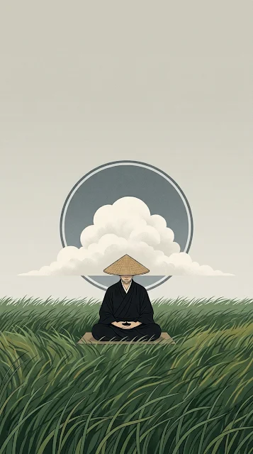 Minimalist Zen Monk Meditating on Grass with a Cloud Halo - Free 4K & 8K mobile Wallpaper
