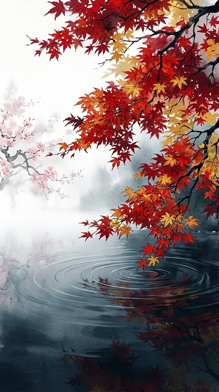 Download Misty Asian Autumn Leaves and Water Reflections Wallpaper Wallpaper in 4K UHD Misty Asian Autumn Leaves and Water Reflections Wallpaper - Free 8K and 4K mobile Wallpaper Background