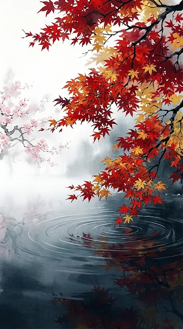 Misty Asian Autumn Leaves and Water Reflections Wallpaper - Free 4K & 8K mobile Wallpaper