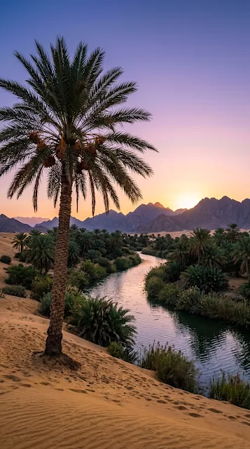Misty Desert Oasis at Dawn with Winding River and Palm Trees - Free 4K & 8K mobile Wallpaper