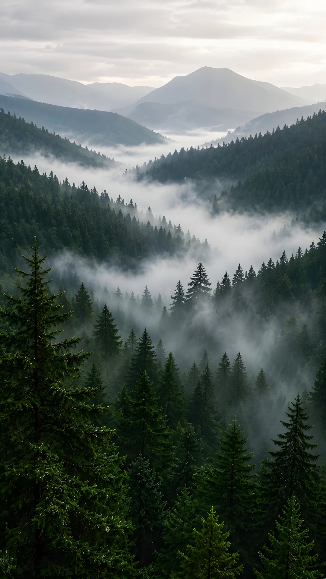 Misty green pine forest valley in mountain highlands - Free 4K mobile Wallpaper