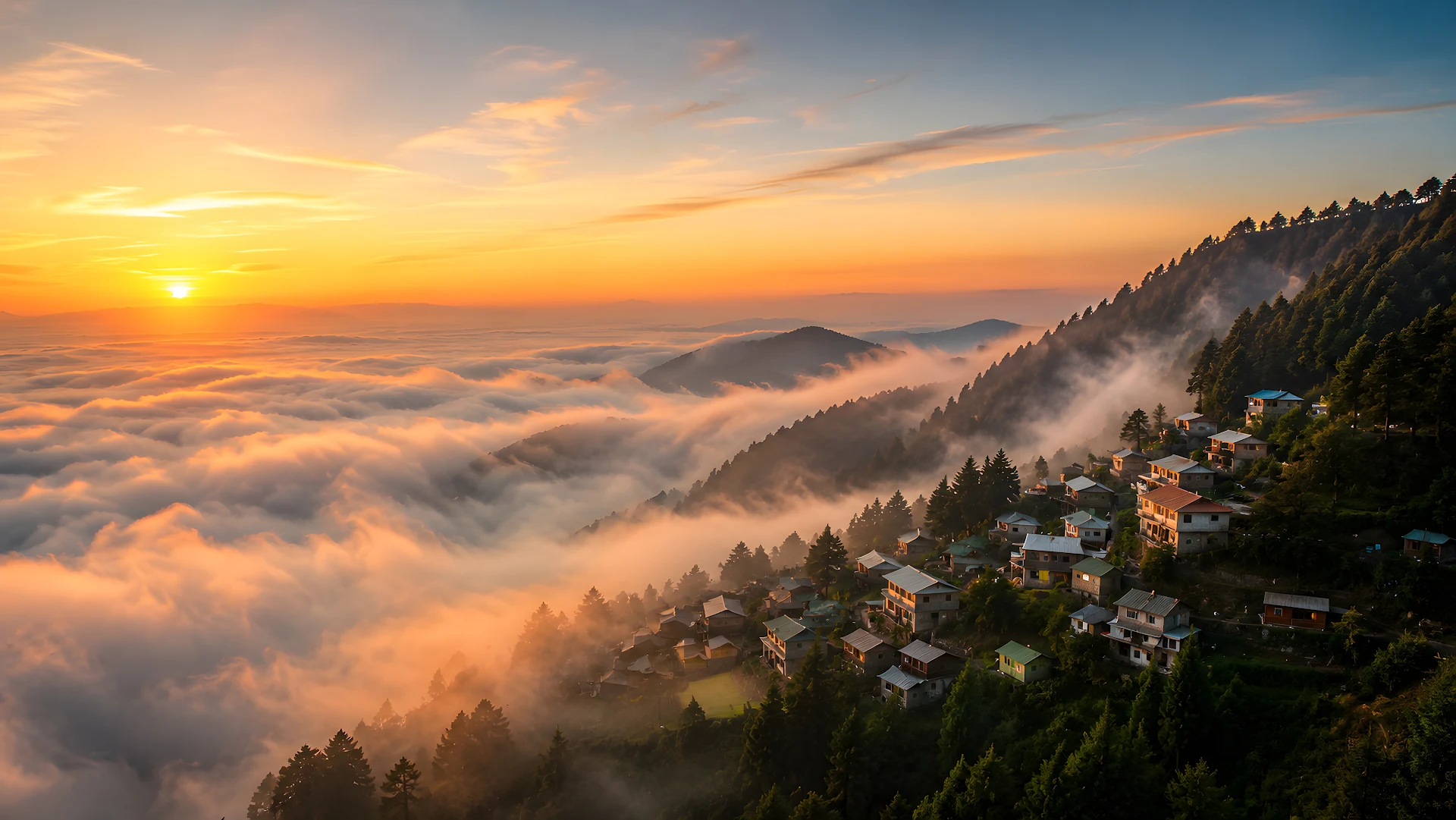 Misty mountain village nestled in lush green hills at sunrise - Free 4K desktop Wallpaper