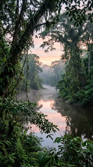 Misty Tropical Rainforest River at Dawn with Lush Canopy - Free 4K & 8K mobile Wallpaper