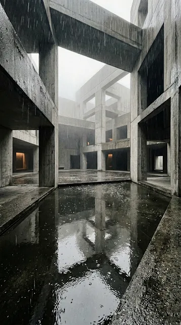 Modern Brutalist Architecture Rain Courtyard Wallpaper - Free 4K & 8K mobile Wallpaper