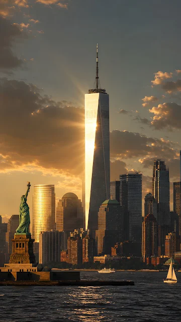 A towering glass skyscraper reflects bright golden sunset rays alongside famous city skyline buildings over water.