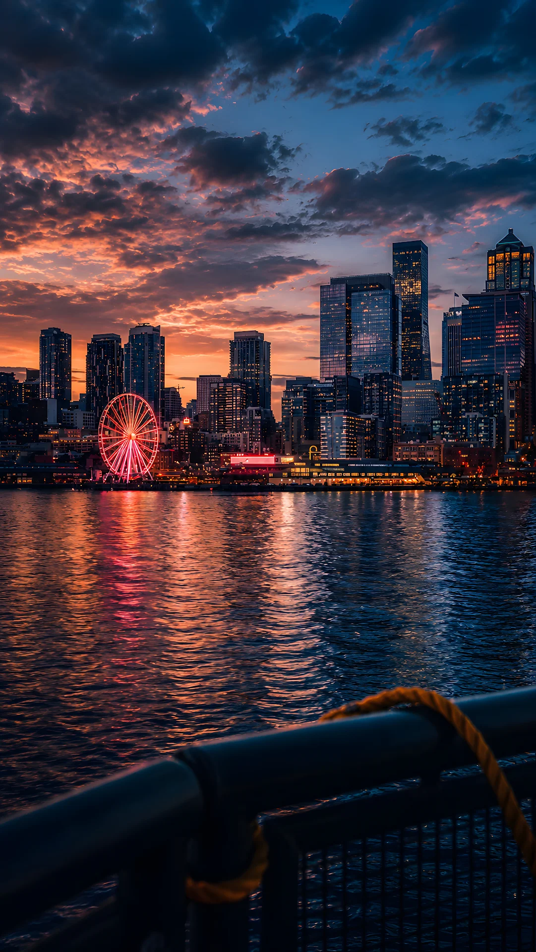 Modern Coastal City Skyline with Illuminated Ferris Wheel at Sunset - Free 4K mobile Wallpaper
