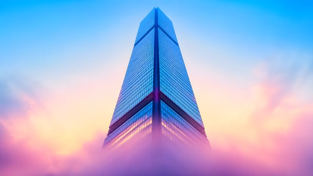 Low-angle view of a tall modern glass skyscraper rising through pink and purple clouds at sunset.