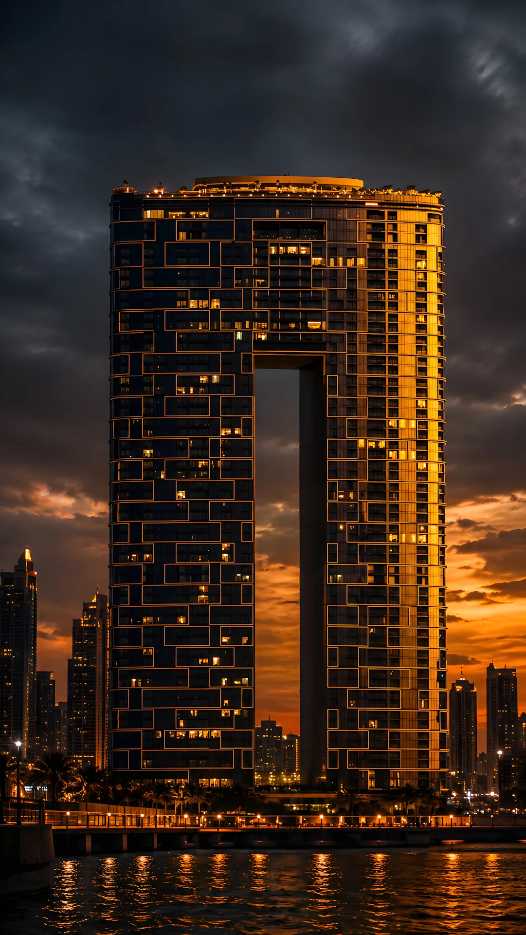 Modern hollow skyscraper illuminated against dramatic golden sunset sky - Free 4K mobile Wallpaper