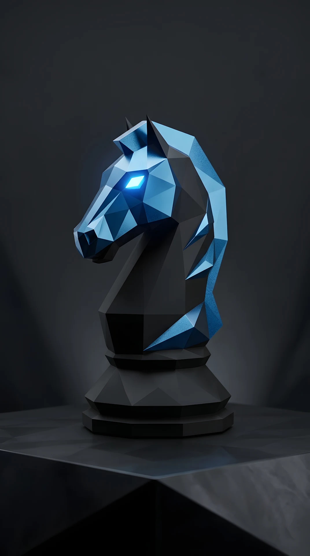 Modern Low-Poly Black Chess Knight Sculpture with Blue Metallic Accents - Free 4K mobile Wallpaper