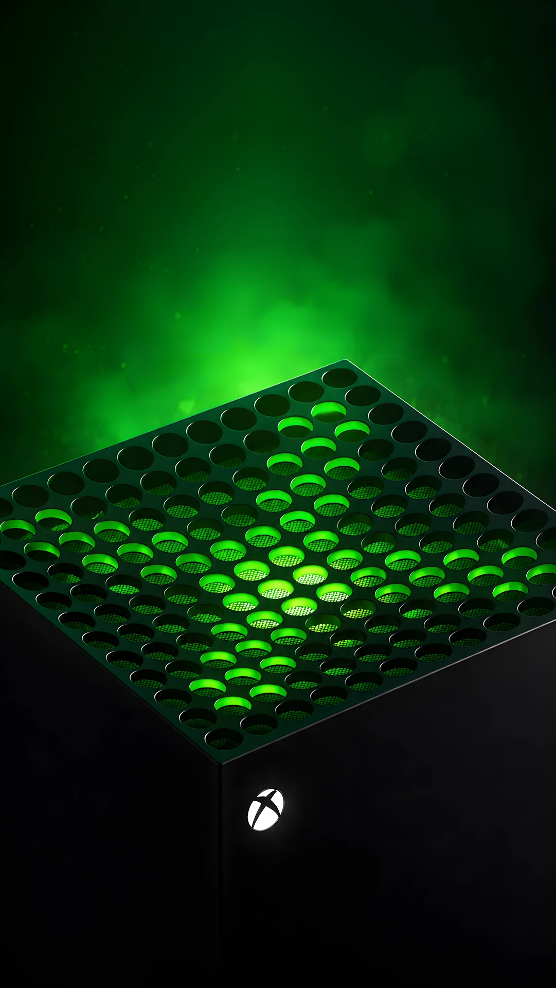 Modern matte black gaming console with glowing green top ventilation - Free 4K mobile Wallpaper