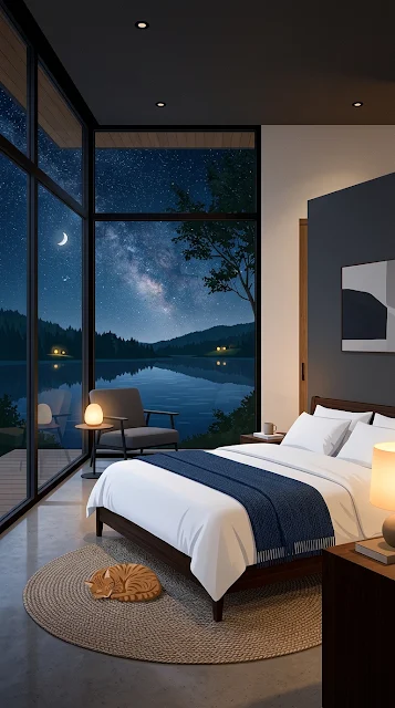 Modern Minimalist Bedroom with Starry Lake Night View - Free 4K & 8K mobile Wallpaper