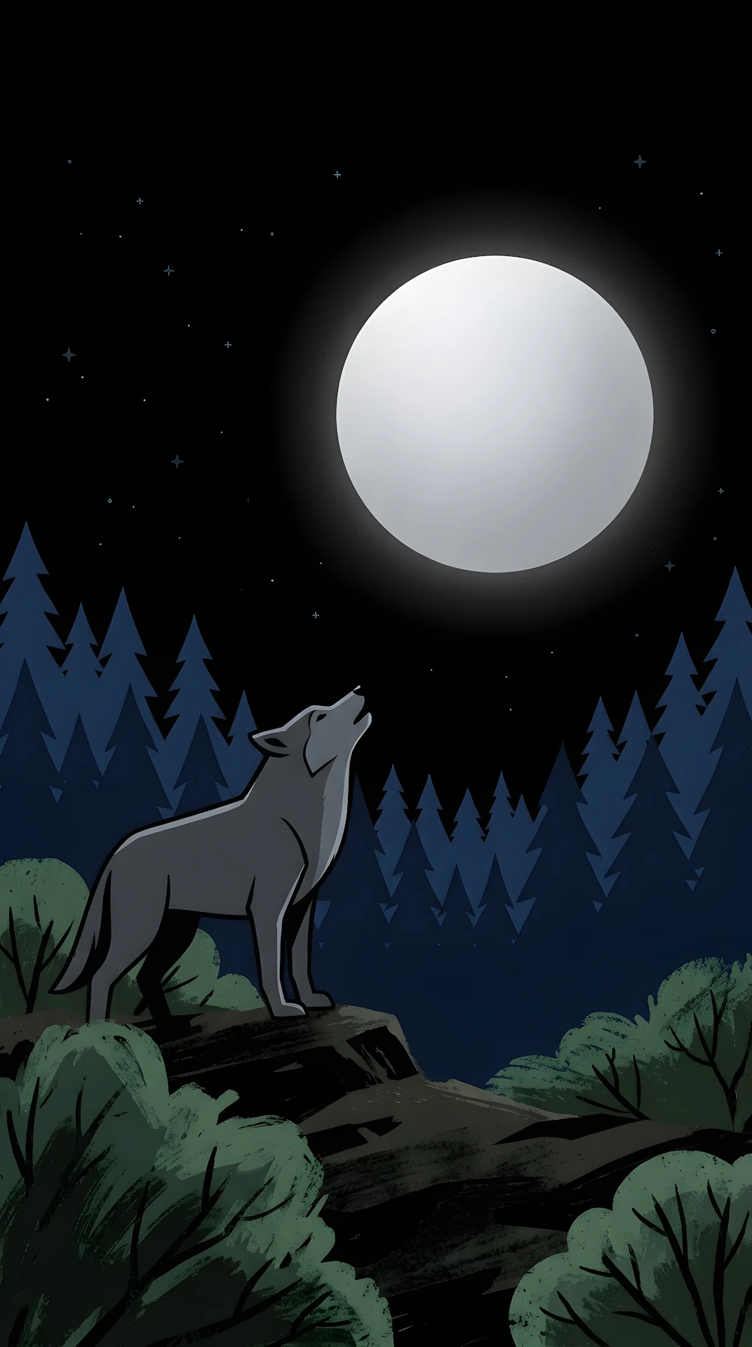 Modern Minimalist Wolf Gazing at Large Silver Moon in Pine Forest - Free 4K mobile Wallpaper