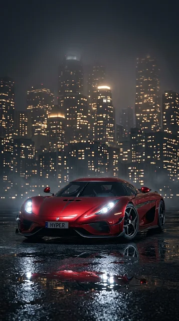 Modern Red Supercar Overlooking Misty City Skyline at Night - Free 4K & 8K mobile Wallpaper