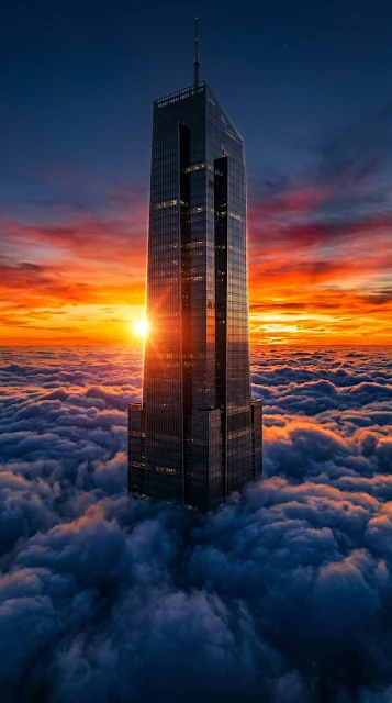 Modern Skyscrapers Piercing Through a Sea of Clouds at Sunset - Free 4K & 8K mobile Wallpaper