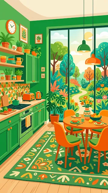 Modern Whimsical Kitchen Interior in Green and Orange - Free 4K & 8K mobile Wallpaper