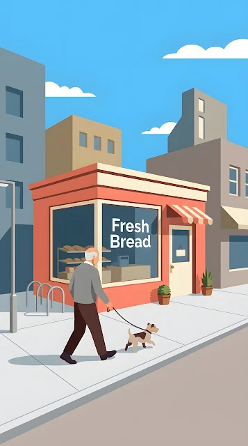 Modernist Geometric Bakery with Man and Dog Walking - Free mobile Wallpaper