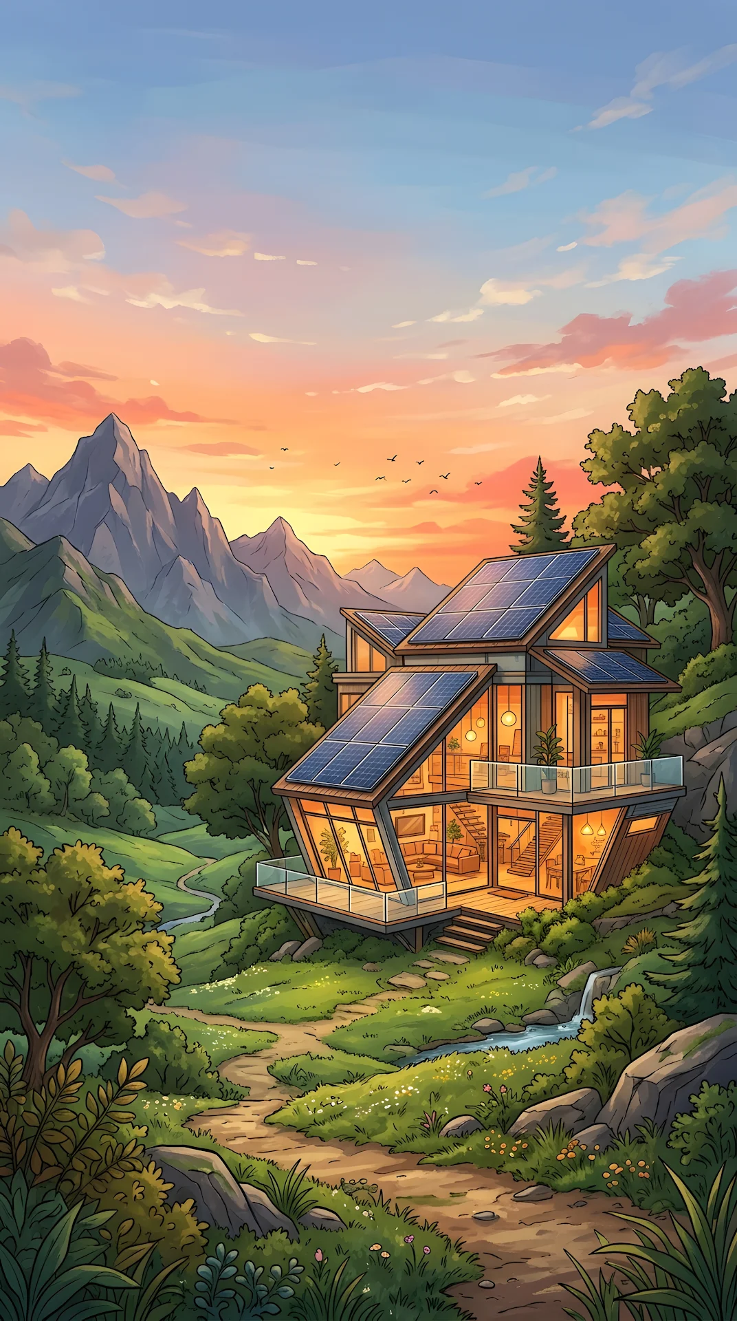 Modular Eco-Friendly House with Solar Panels in Green Valley - Free 4K mobile Wallpaper
