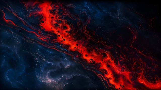 Abstract fluid texture of glowing molten red paint flowing through dark blue marbled swirls.