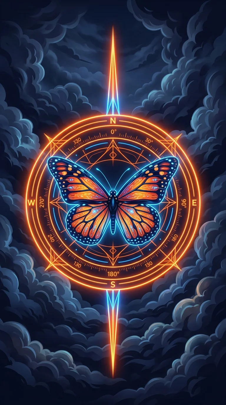 Monarch Butterfly with Glowing Neon Orange Compass and Geometric Rings - Free 8K and 4K mobile Wallpaper Background